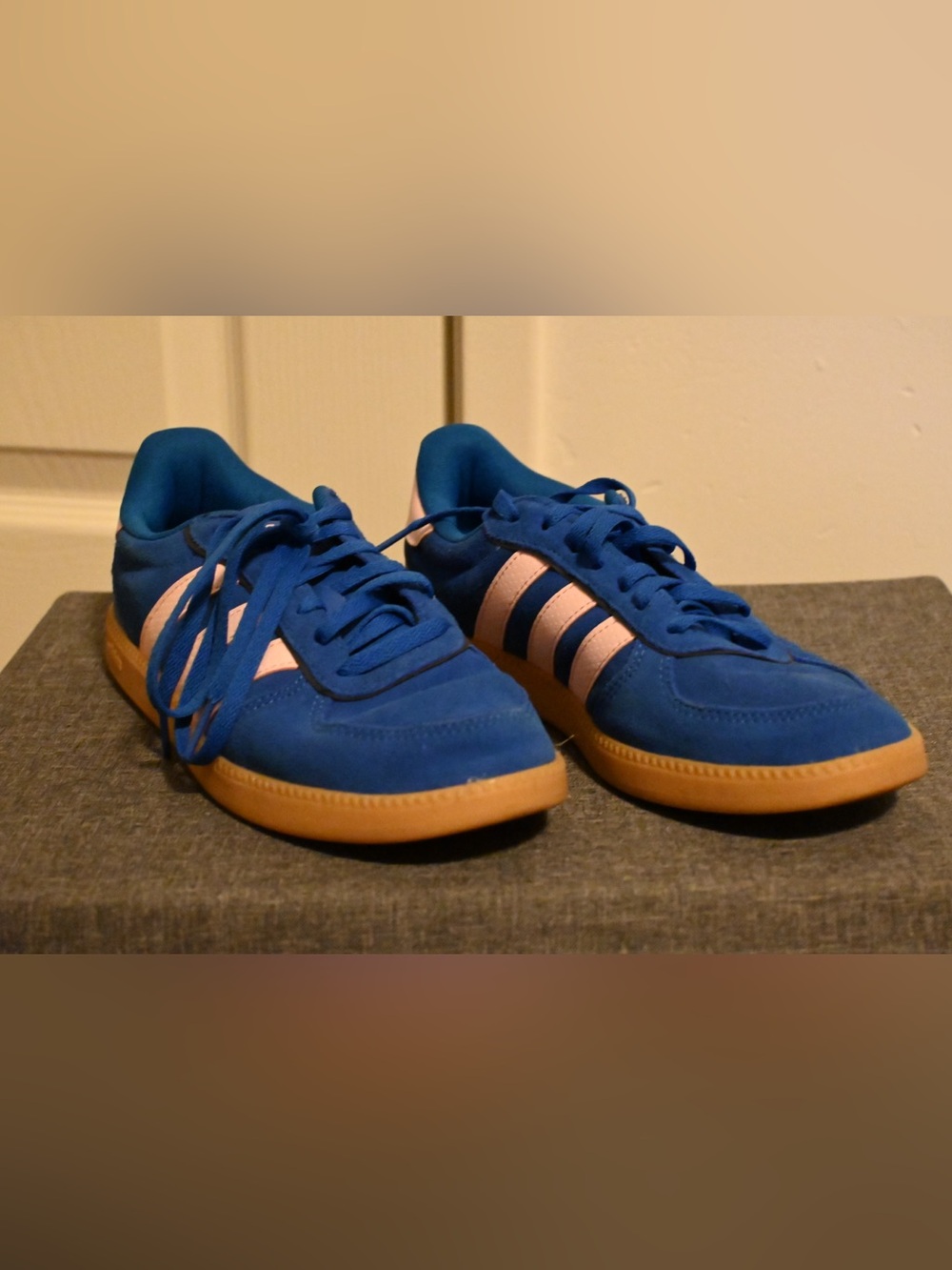 Adidas Blue Suede Lace-Up Sneakers with Pink Stripes